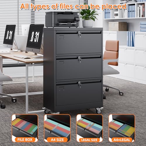 Image of Aobabo 3 Drawer Lateral File Cabinet with Wheels, Lockable Metal Filing Cabinet for Home Office, Legal /Letter Size,Black,Required Assembled