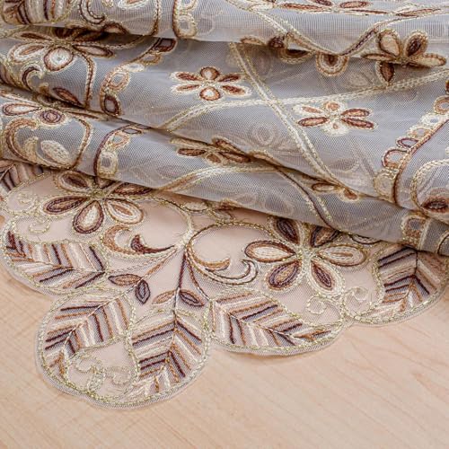 Image of Floral Embroidered Polyester Organza Premium Dining Table Runner (16x72 inches) for 6-Seater - Gold Brown
