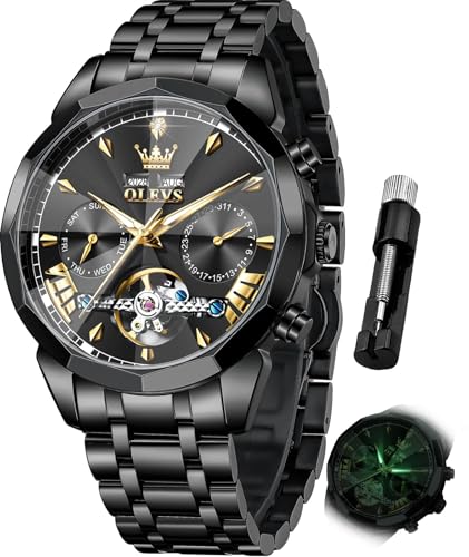 Image of OLEVS Men Automatic Watch Diamond Skeleton Mechanical Luxury Self Winding Moon Phase Calendar Waterproof Wrist Watch for Men
