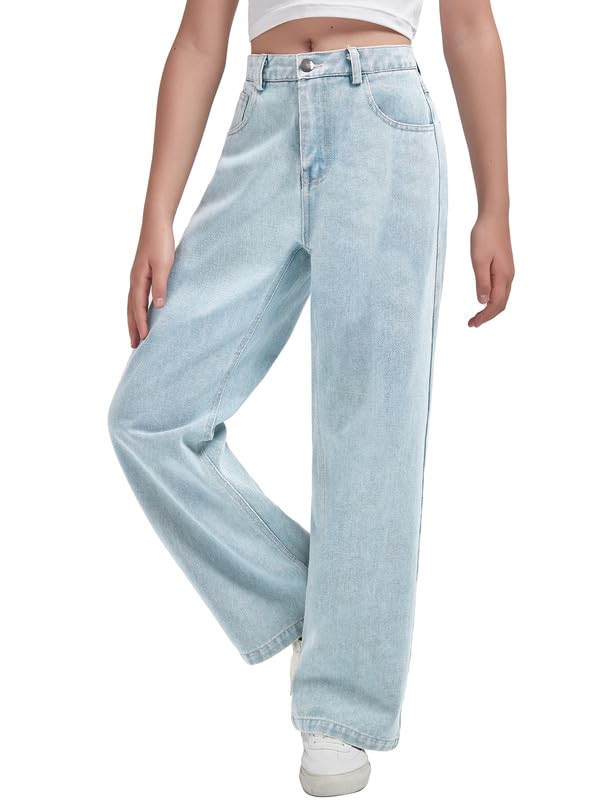 EXARUS Girls Wide Leg/Flare Jeans Bow Embroidery/Leopard Print Denim Pants with Pockets Casual for Kids 6-14Y4