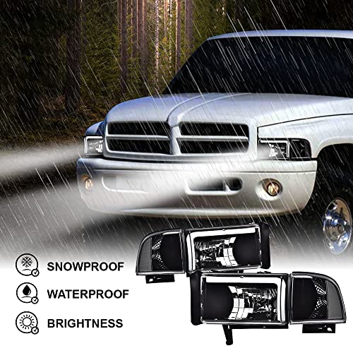Image of GRAND ORANGE Led Drl Headlights Assembly, Compatible with Dodge Ram 1500 2500 3500 1994 1995 1996 1997 1998 1999 2000 2001 2002 Clear lens Black Housing Clear Reflector