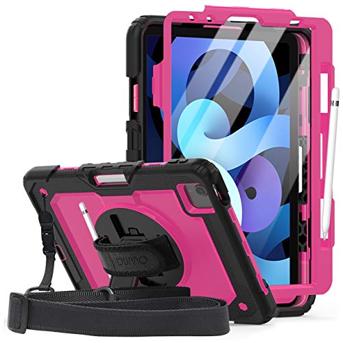 DUNNO iPad Air 4th Generation Case with Screen Protector (iPad Air 10.9 inch, 2020 Version), Shockproof Case with Adjustable Hand Strap&Shoulder Strap, Built in Pencil Holder Rotating Stand (Pink)