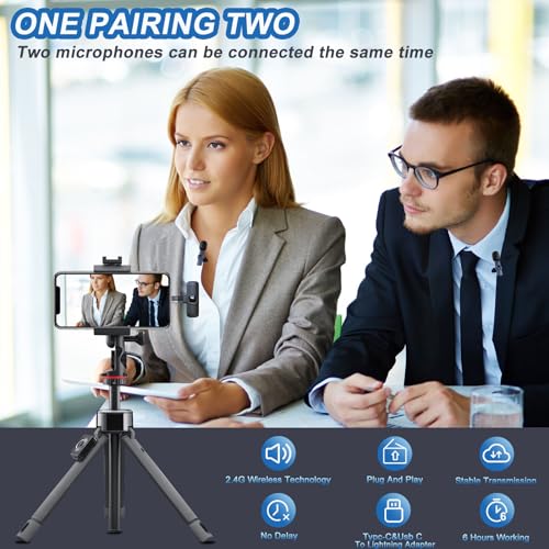 Mini Wireless Lavalier Lapel Microphone for iPhone Android iPad,2 Pack Small Podcast Microphones, 6H Plug and Pick-up 2.4G Ultra-Low Delay Noise Reduction Mics for Interview Video Vlog YouTube