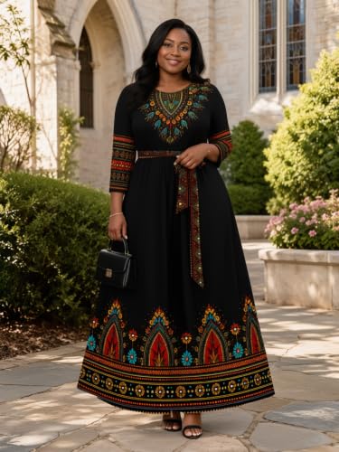 Image of Plus Size Maxi Dress for Women V Neck 3 /4 Sleeve Wrap Dress