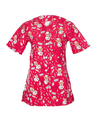 DINOZAVR Carla Uniforme médical Blouse Tunique de Travail médicale 3 Poches Manches Courtes Boutons Pression - Femme - Ours/Rouge L Cover
