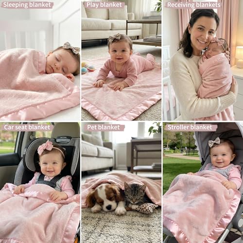 Image of Pro Goleem Baby Blankets for Girls with 2 Inch Satin Trim, Super Soft Plush Receiving Blanket for Infant Toddler Newborn, Fleece Cozy 30x40 Inch Crib & Stroller Blanket (Pink)