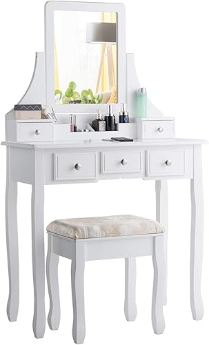Miniatura 6 de CHARMAID Juego de tocador de maquillaje con espejo y taburete acolchado, tocador con 5 cajones y organizadores de almacenamiento extraíbles, mesa de