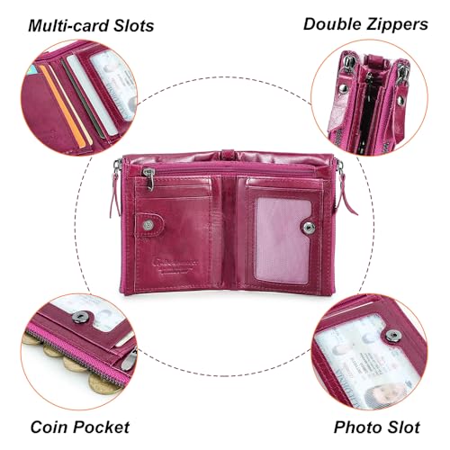 Image of CONTACTS Soft Leather Wallet for Women Small Bifold Coin Purse Double Zipper Card Holder with RFID Blocking (Purplish Red)