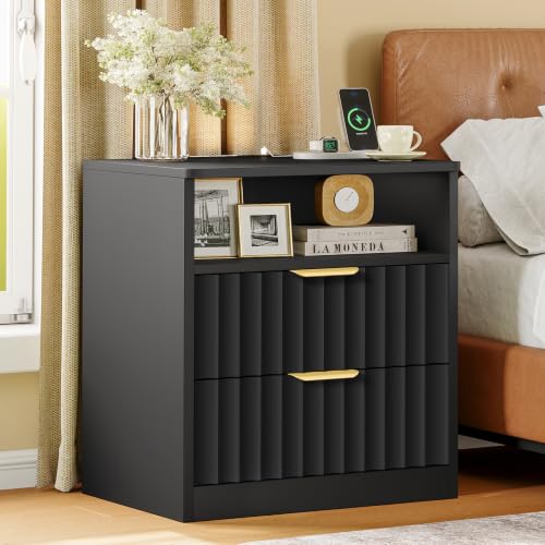 Image of TEENFON Fluted Nightstands Set of 2, Night Stand with Charging Station and LED Light, Nightstand with Storage Drawer and Open Shelf, Bedside Table for Small Space, Bedroom, Black