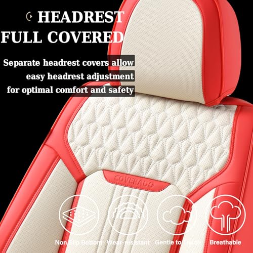 Image of Coverado Seat Covers Full Set, Leather Car Seat Cover, Waterproof Car Seat Protector, Automotive Seat Covers Car Seat Cushion Universal Fit for Most Cars, Red&White
