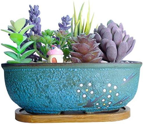 Artketty Ceramic Succulent Plant Pots20 CM Rectangular Bonsai Pot with Drainage Hole Small Glazed Flower Cactus Plant Container, Home Garden Window Box with Tray