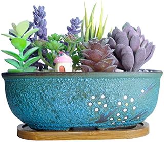 Artketty Ceramic Succulent Plant Pots20 CM Rectangular Bonsai Pot with Drainage Hole Small Glazed Flower Cactus Plant Container, Home Garden Window Box with Tray