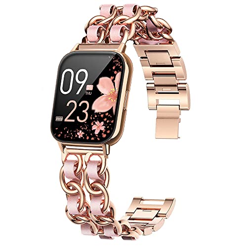 Blueshaweu Damen Kettenbänder Kompatibel mit SWGOTA 2023 Smartwatch Damen 1.85″, Edelstahlband Lederschlaufe Ersatzarmband für SWGOTA CS2PRO Smartwatch