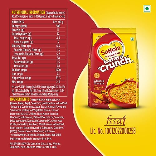 Image of Saffola Masala Oats Karara Crunch, 500g | Tasty Evening Snack, Classic Masala with crunchy bits and millets (Pack of 3)