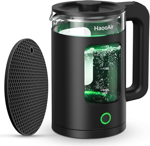 Haooair 1.5 Liter Electric Kettle with Green LED Lights, hot water kettle mat, Easy to Clean Glass Design, Fast Boil Quiet, BPA-Free, Boil-Dry Protection