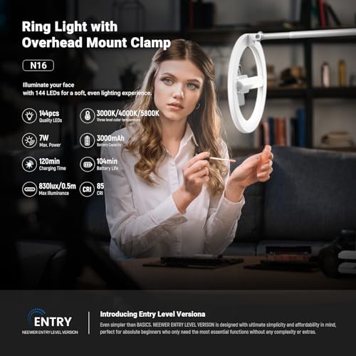 Image of NEEWER Entry Level Version 10 inch 7W LED Selfie Ring Light with Desk Clamp Stand Phone Holder for iPhone, Laptop Video Conference Streaming Recording Makeup Lighting, 3 Tones 3000mAh Rechargeable, N16
