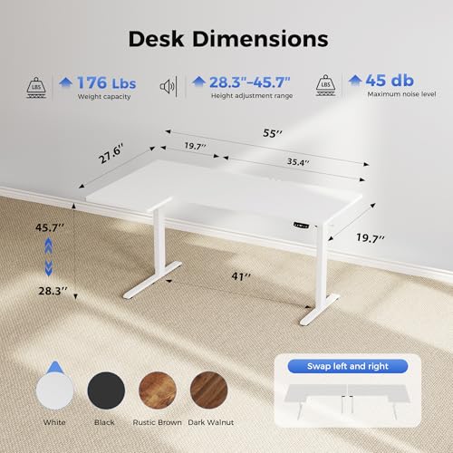 Image of Agilestic 55 Inch Reversible L Shaped Standing Desk, Electric Height Adjustable Desk with Memory Preset, Sit Stand Up Computer Workstation for Home Office, Splice Board, White