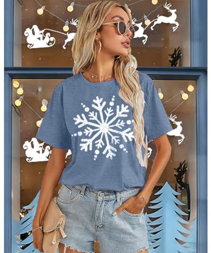 Christmas Shirts for Women Cute Snowflake Graphic Shirts Short Sleeve Funny Print Tee3