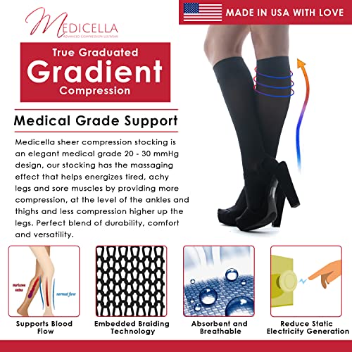 Image of Medicella Premier Closed Toe Knee High Compression Socks for Women 20-30 mmHg Made in USA Medical Quality Sheer Firm Pressure Support Circulation & Travel (X-Large, Black)