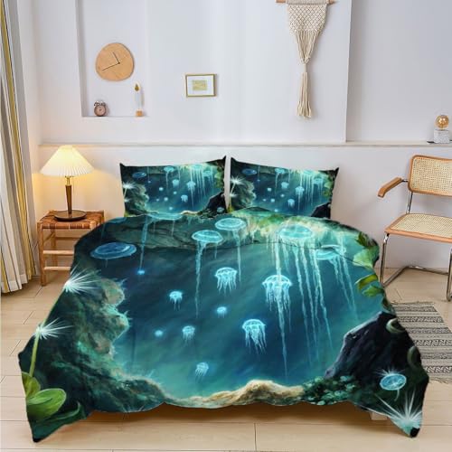 Housse de Couette 220x240 Méduse Bleue - Parure de Lit Microfibre 3 Pcs - 3