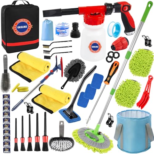 56Pcs Car Wash Cleaning Kit with Foam Gun, Car Wash Brush with Long Handle, Car Detailing Kit, Car Wheel Brush for Car Cleaning Supplies, Adjustable Hose Wash Sprayer-Quick Connector to Any Hose