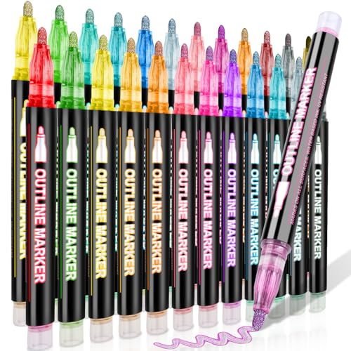 24 Colors Outline Glitter Markers, Double Line Shimmer Marker Pens for Christmas Greeting Cards, Outline Pens for Art Supplies for Scrapbook Crafts DIY Art Crafts
