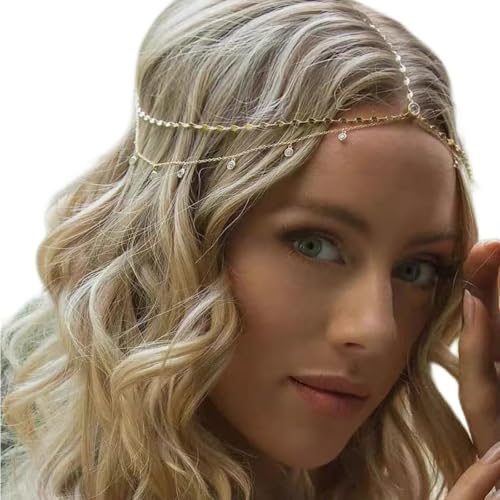 Ypkia Kopfkette Gold Kristall Stirnband Anhänger Braut Kopfschmuck Quasten Layered Haarteil Festival Haarschmuck für Frauen und Mädchen (gold)