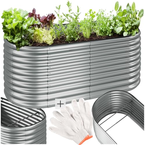 tectake® arriate Rectangular sin Base, Acero Resistente a la Intemperie, huerto Urbano, jardineras Exterior, Usar con Tierra para Plantas, Incluye Guantes - 100 x 200 x 80 cm Plateado Redondeado