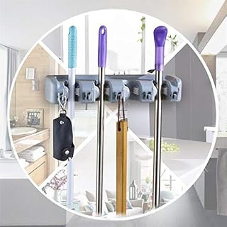 RIJAHO Mop Broom Holder Wall Mounted, Broom Hanger Organizer For Brush Mop And Broom Tool Storage 4 Position Storage Rack with 5 Retractable Hooks Holds up to 9 Tools-Gray