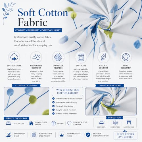 Image of IVAZA 240 TC Soft Ezyption Cotton Floral Print King Size Bedsheet - with 2 Pillow Covers, Hypoallergenic, Brethable, (Size- 90 x 90 Inch) Blue & White