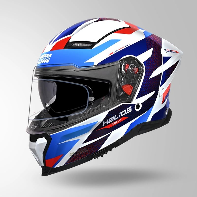 Image of Studds Helios D2 Circuit ISI and DOT Certified Full Face Helmet with Antifog 100 Lens and Dual Visor (White & Blue - M)