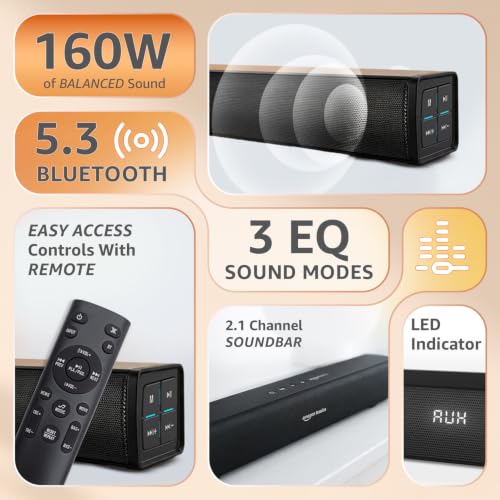 Image of amazon basics 160W Soundbar with Subwoofer, 2.1 Channel Sound System for TV, 6.5 inch Bass Driver, HDMI ARC, Optical, Bluetooth 5.3, USB, AUX, Remote Control, Black