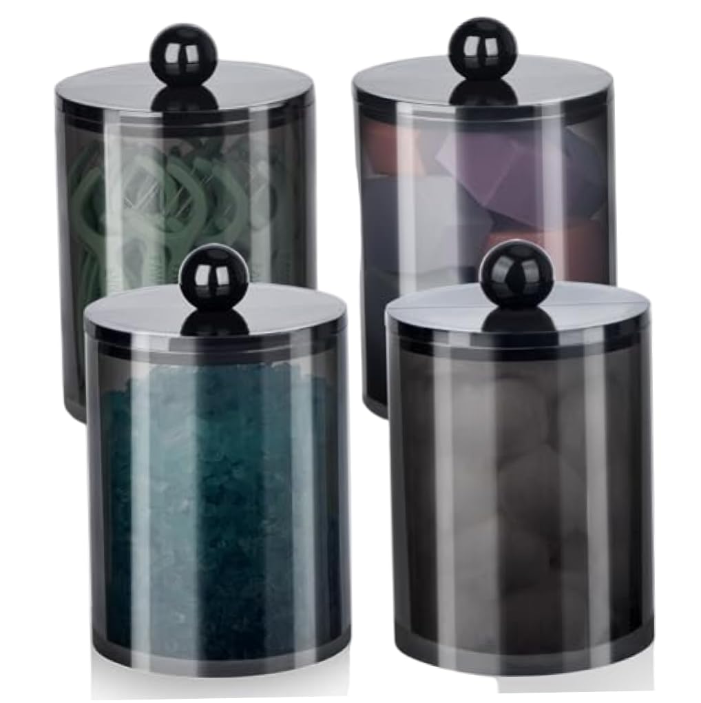 Uanqfegy Qtip Holder Set - 4 Pack Clear Black Apothecary Jars with Lids, Elegant Storage for Cotton Balls Swabs Floss Picks for Vanity
