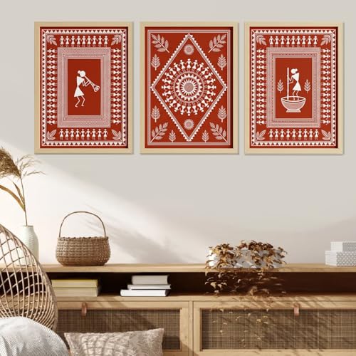 Image of ARAkri Warli Art Paintings, Red and Terracota color Wall Art set, Traditional Wall decor Ideas, Framed Art set of 3, Living Room Bedroom Decor (ART 6, 13 X 17 INCH)
