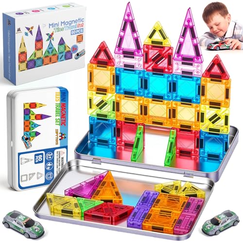 Zippytoys Travel Magnetic Tiles 60PCS 3D Mini Magnetic Tiles Building Blocks with Mini Cars for Kids Strong Magnets Portable STEM Montessori Educational Toy with Metal Storage Tin for Boys Girls 3+