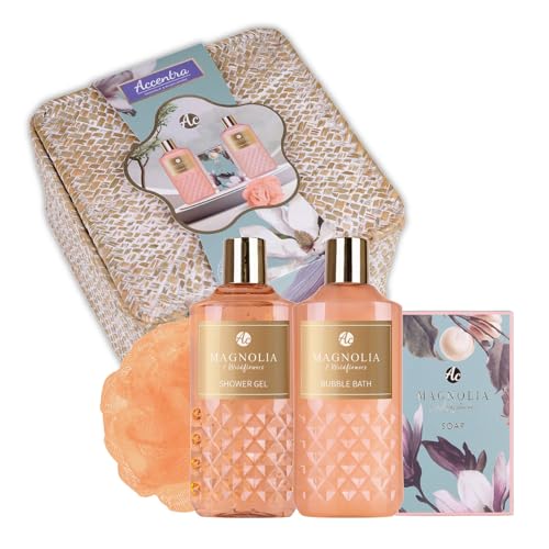 Accentra Geschenkset Frauen BATHING RITUALS in schönem Korb, 4tlg. Badeset Geschenk mit Duschgel, Schaumbad, Seife & Netzschwamm – Wellness Set für Frauen & Mädchen Duft: Magnolia & Wildflower