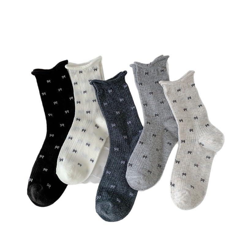 Image of 5 Pairs White Cute Socks, Women's Lace Ruffles Ankle Casual Sock, Cottagecore Breathable Socks, Floral Crew Socks
