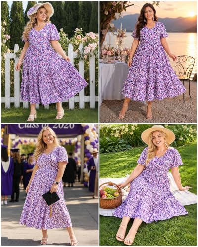 Image of Women's Plus Size Summer Dresses Floral Casual Tiered Midi Dresses V-Neck Short Sleeve Long Maxi Dress with Pockets