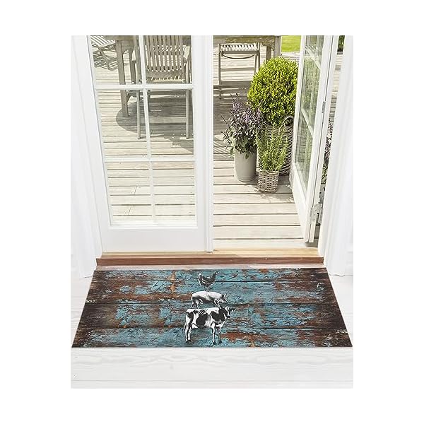 Front door mat farmhouse cow pig chicken on rustic shabby wooden grain indoor outdoor entrance doormat washable floor mats for front door bathroom kitchen runner rugs 24×71 inch  urban country home decor