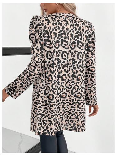 MakeMeChic Women's Leopard Print Puff Sleeve Jacket Blazer Open Front Scallop Trim Coat2