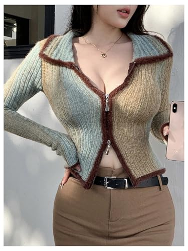 Image of SHENHE Women's Zip Up Cardigan Collared Long Sleeve Fitted Y2k Knit Crop Top Sweater Mint Green X-Large