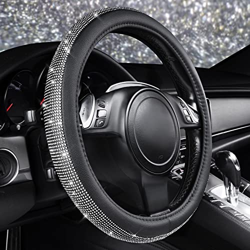 Image of CAR PASS Diamond Black Leather Steering Wheel Cover, with Bling Crystal Rhinestones Universal Fit 14 inch 1 /2-15 inch Crystal Glitter for Women Sparkle Girl Fit Suvs,Vans,Sedans,Cars,Trucks, White Diamond