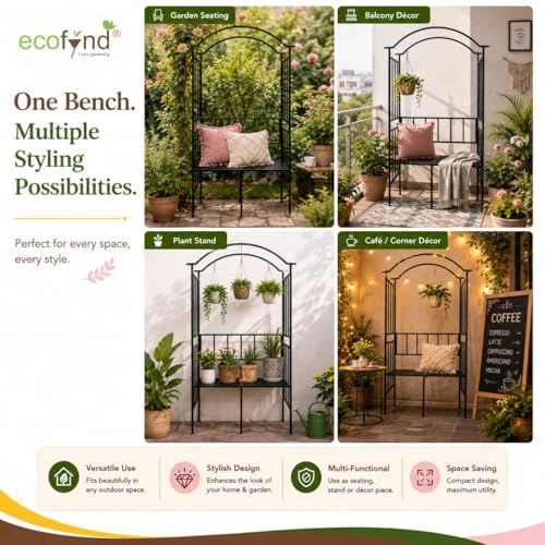 Image of ecofynd 6.8 Feet High 3.8 Feet Wide Garden Arch with 2-Seater Bench, Metal Arbor Trellis for Climbing Plant with Outdoor Garden Chair, Backdrop Stand for Wedding Lawn Backyard Party Decor (GC004-BLK)
