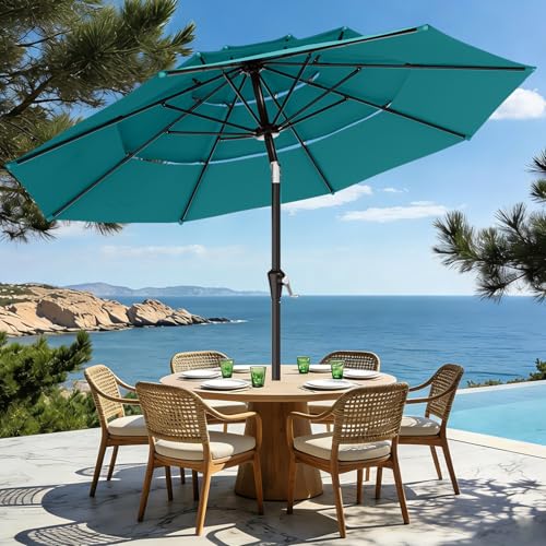 Image of AreShark 9ft 3-Tier Patio Umbrellas, Outdoor Umbrella with 8 Sturdy Ribs UV Protection Windproof, Market Table Umbrella w /Push Button Tilt & Crank for Pool, Porch, Deck, Garden(Lake Blue)