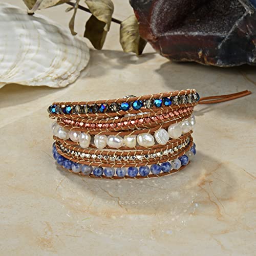 Multi-layer Hand Crafted Cultured Freshwater Pearl Gemstone Beaded on Genuine Leather Boho Style Leather Wrap Bracelet Super Wrap Bracelet 35" Long, up to 5 Wraps.3