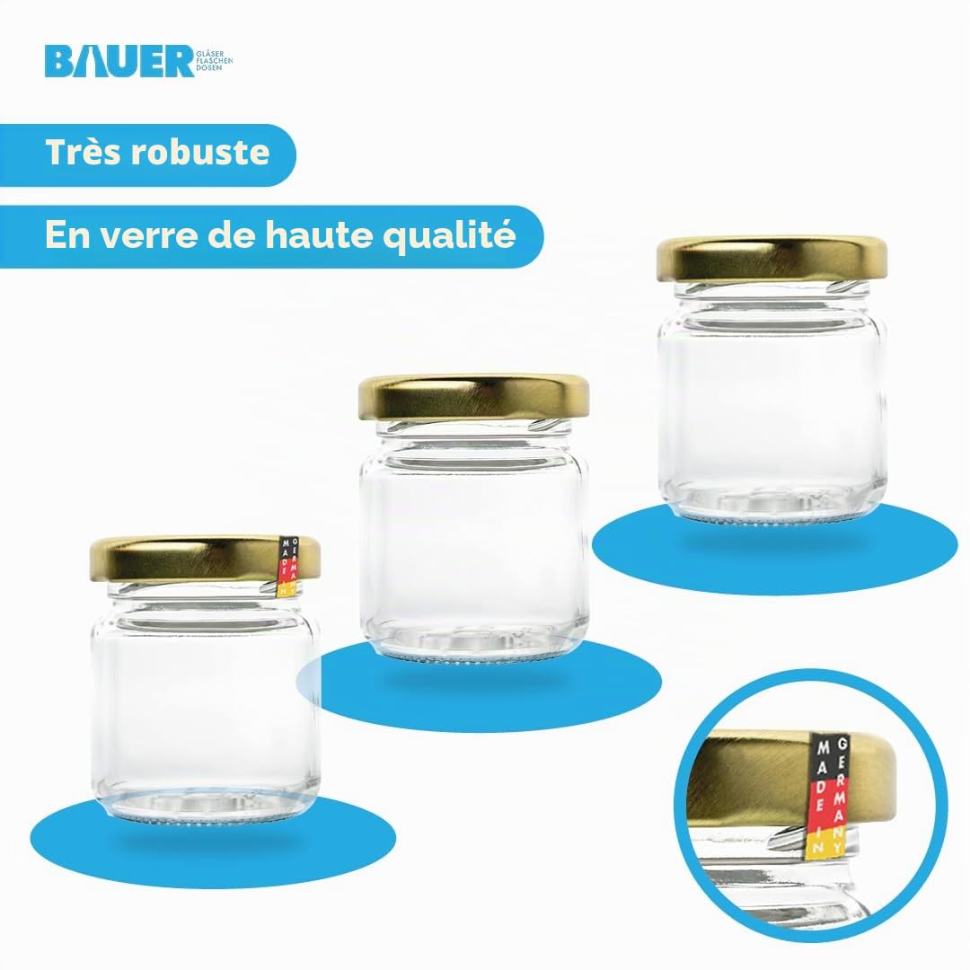 Flaschenbauer - Lot de 96 mini bocaux de conservation de 53 ml - Avec couvercle torsadé doré de 43 mm - Idéal pour la confiture, le miel, les épices, la conservation et les idées cadeaux