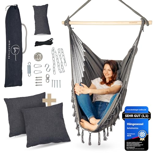 BELLAMATILDA® Hängesessel inkl 3 Kissen + 360° Montagezubehör - Outdoor & Indoor XXL Hängeschaukel für Erwachsene & Kinder - Hängesitz/Hängestuhl bis 150kg für Garten, Wohnzimmer, Balkon (O.Gr.)