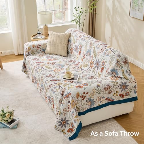 Image of VANJOROY Boho Throw Blanket, 100% Organic Cotton Breathable Skin-Friendly Ultra Soft Bed Quilt Throw - All Season Floral Farmhouse Decor Luxury Blanket for Sofa Couch Chair and Gift. 60 inch x 80 inch