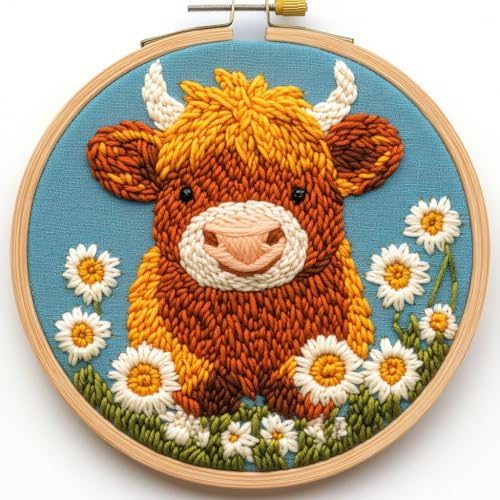 Image of DIY Punch Needle Kits Highland Cow with Daisy Flower with Hoop 20x20cm-5 | with Pattern Stamped Easy for Beginners Embroidery Punch Needle Starter Craft Set for Adults Festival Gift and Decoration
