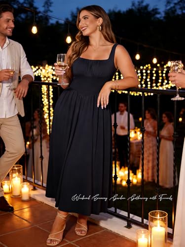 Image of YIOYOLA Womens Casual Summer Dress with Pockets | Sleeveless Square Neck Flowy A-Line Midi Sundress for Beach & Wedding Guest